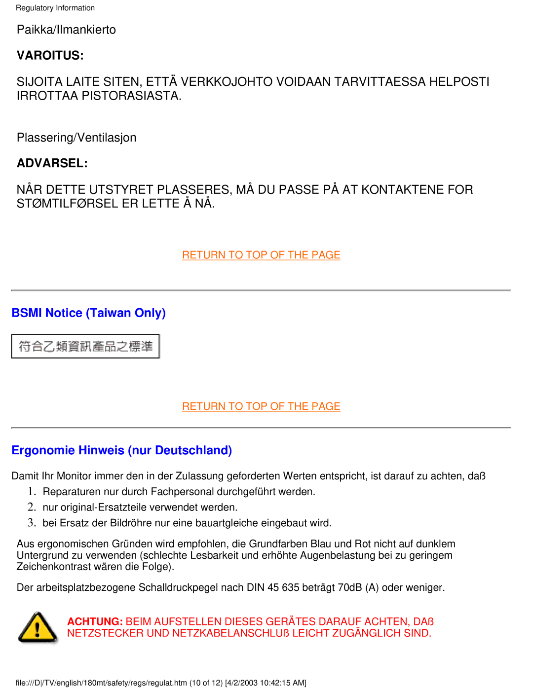 Philips 180MT manual Paikka/Ilmankierto, Plassering/Ventilasjon, Bsmi Notice Taiwan Only, Ergonomie Hinweis nur Deutschland 