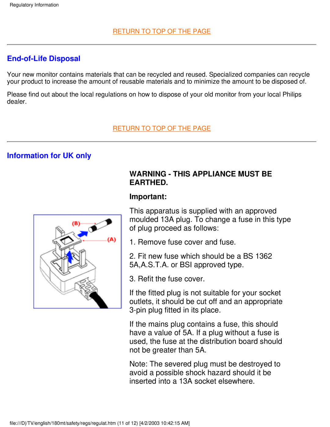 Philips 180MT manual End-of-Life Disposal, Information for UK only 