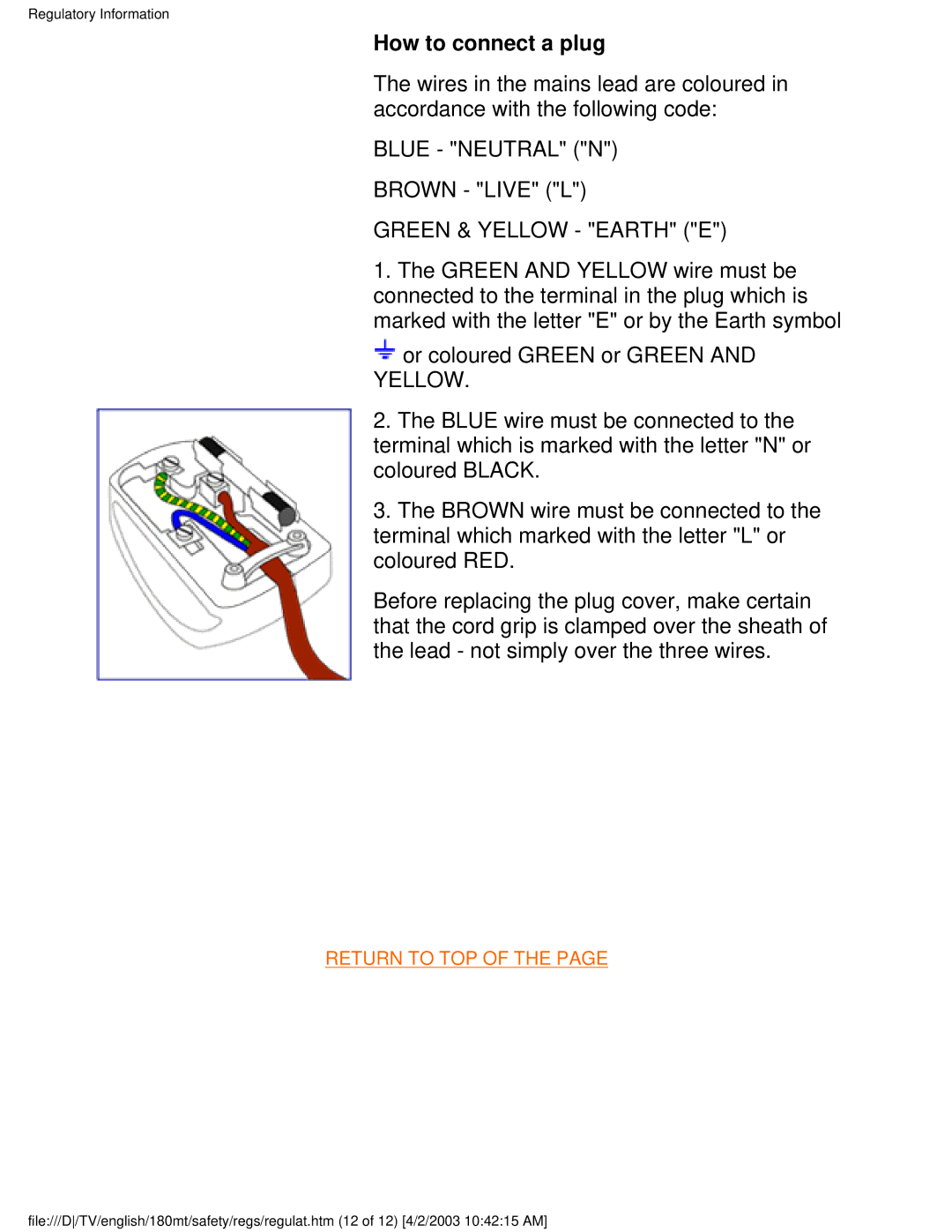 Philips 180MT manual How to connect a plug, Blue Neutral N Brown Live L Green & Yellow Earth E 