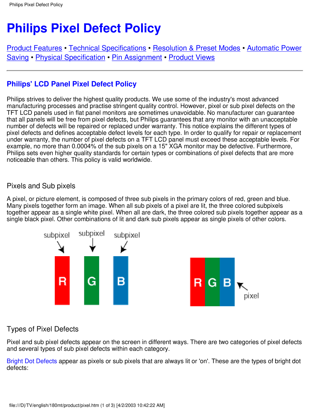 Philips 180MT manual Philips Pixel Defect Policy, Philips LCD Panel Pixel Defect Policy, Pixels and Sub pixels 