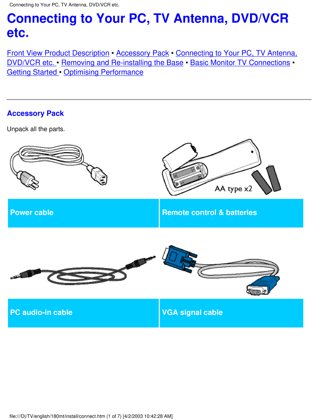 Philips 180MT manual Connecting to Your PC, TV Antenna, DVD/VCR etc, Accessory Pack 