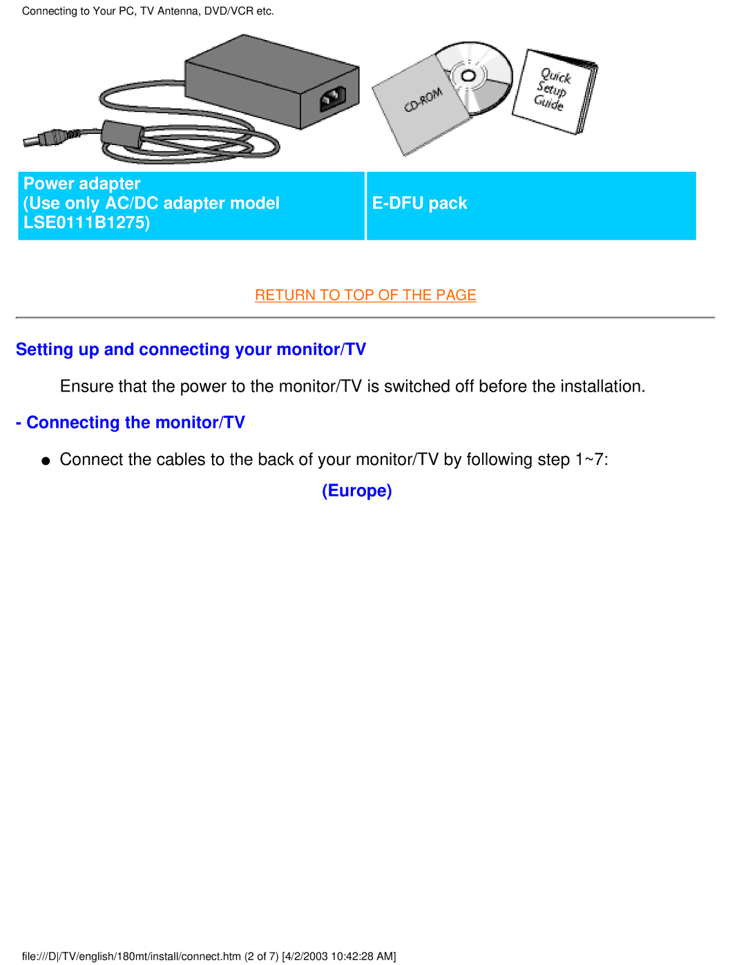 Philips 180MT manual Setting up and connecting your monitor/TV, Connecting the monitor/TV, Europe 