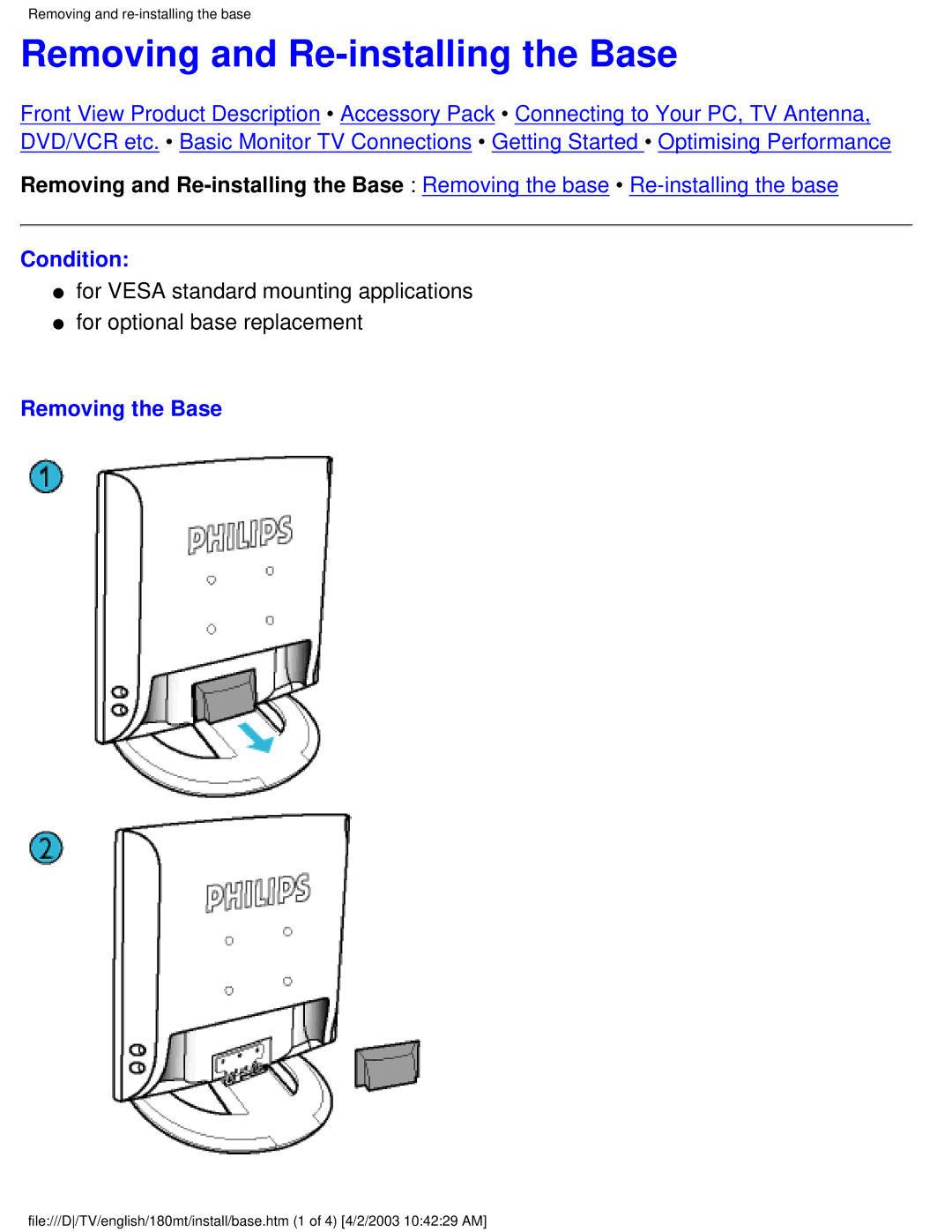 Philips 180MT manual Removing and Re-installing the Base, Condition, Removing the Base 
