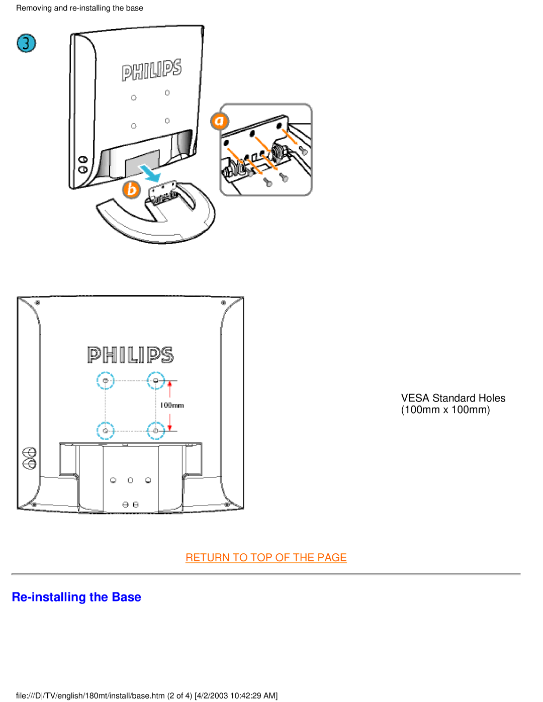 Philips 180MT manual Re-installing the Base 