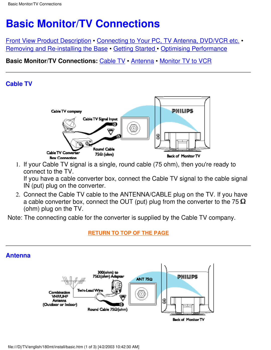 Philips 180MT manual Basic Monitor/TV Connections, Cable TV, Antenna 