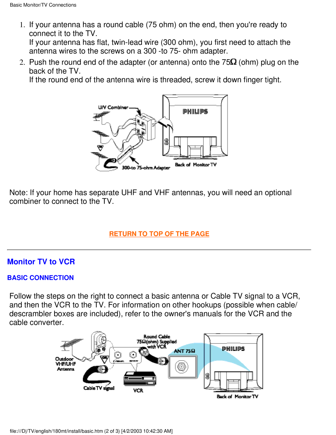 Philips 180MT manual Monitor TV to VCR, Basic Connection 