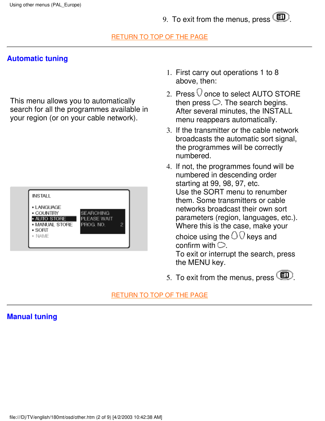 Philips 180MT manual To exit from the menus, press, Automatic tuning, Manual tuning 