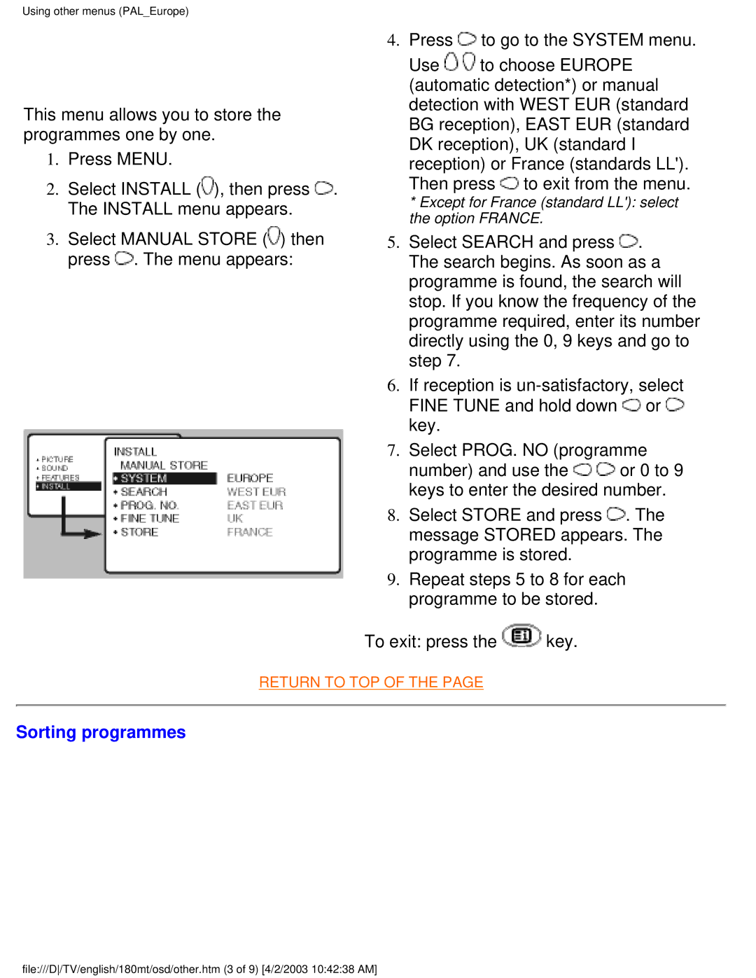 Philips 180MT manual To exit press the key, Sorting programmes 