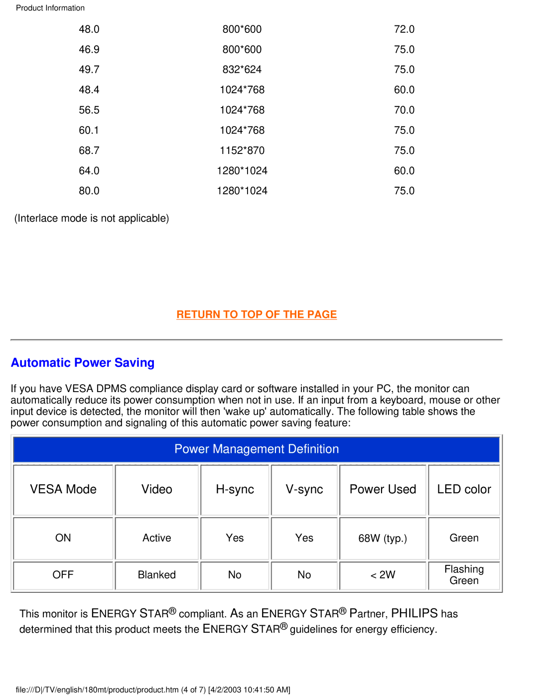 Philips 180MT manual Automatic Power Saving, Vesa Mode Video Sync Power Used LED color 