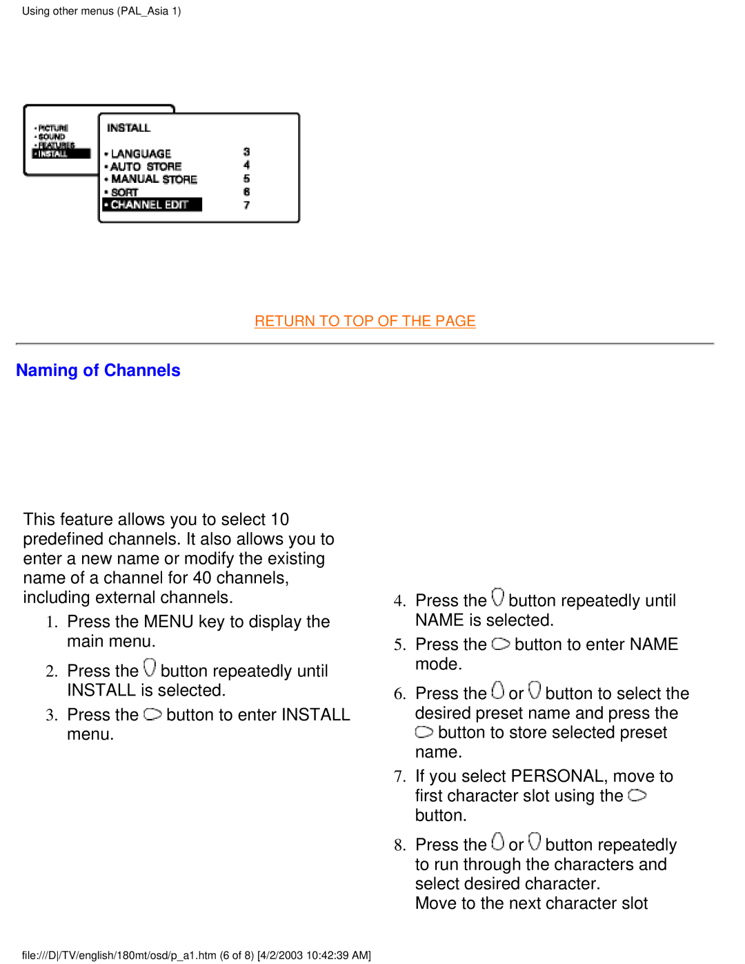 Philips 180MT manual Naming of Channels 