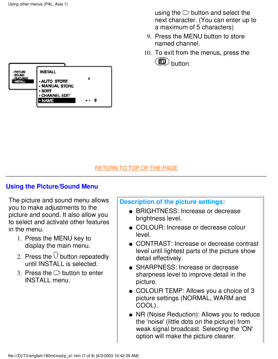 Philips 180MT manual Using the Picture/Sound Menu, Description of the picture settings 