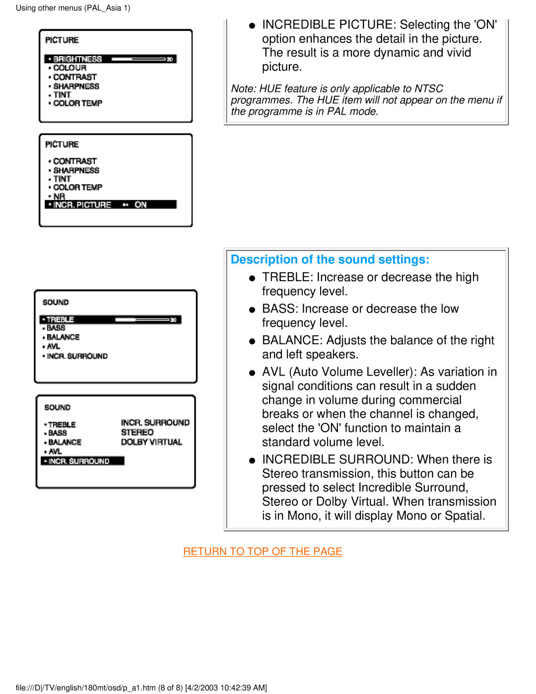 Philips 180MT manual Description of the sound settings 