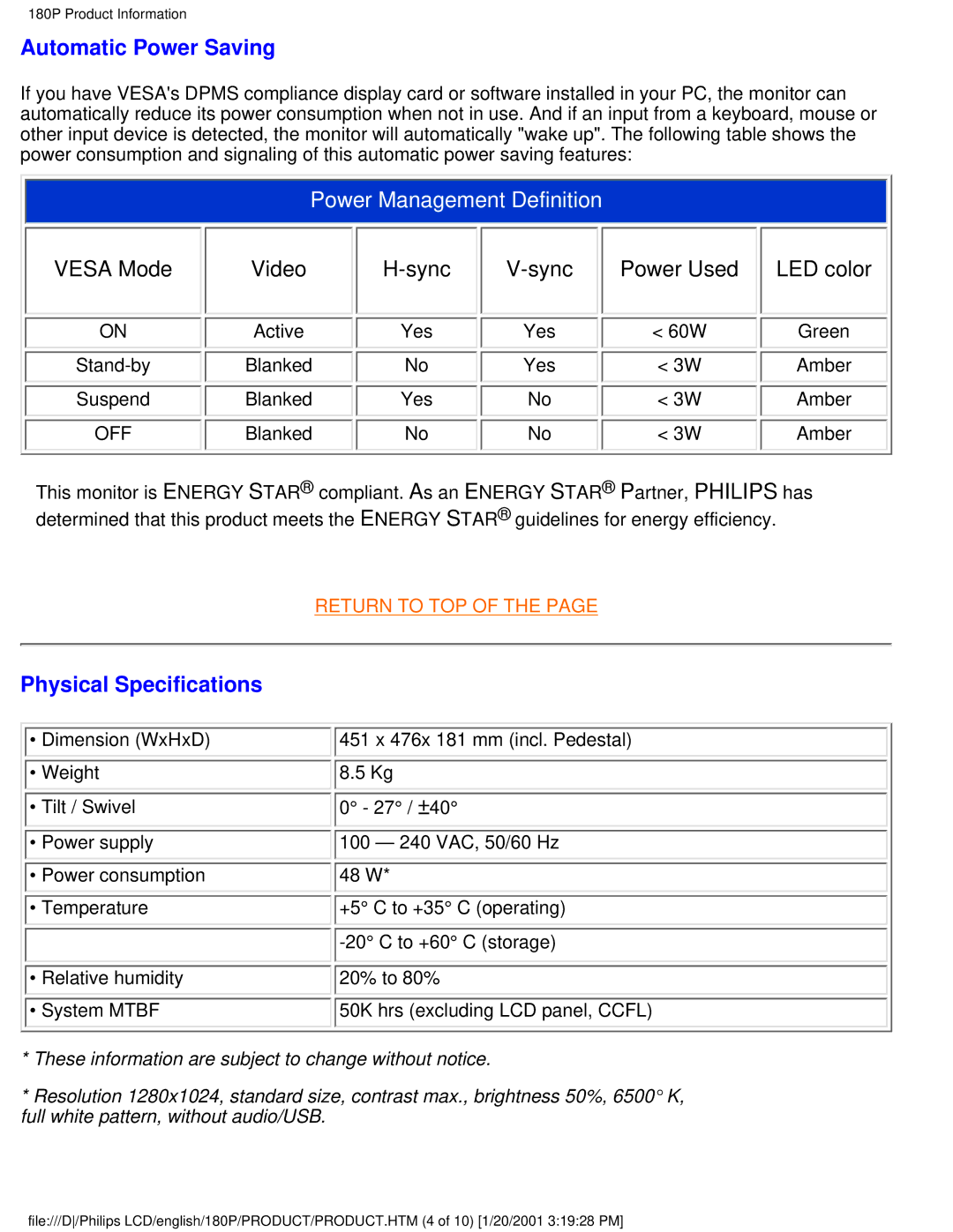 Philips 180P user manual Automatic Power Saving, Physical Specifications 