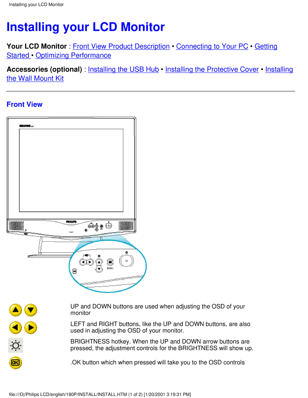 Philips 180P user manual Installing your LCD Monitor, Front View 