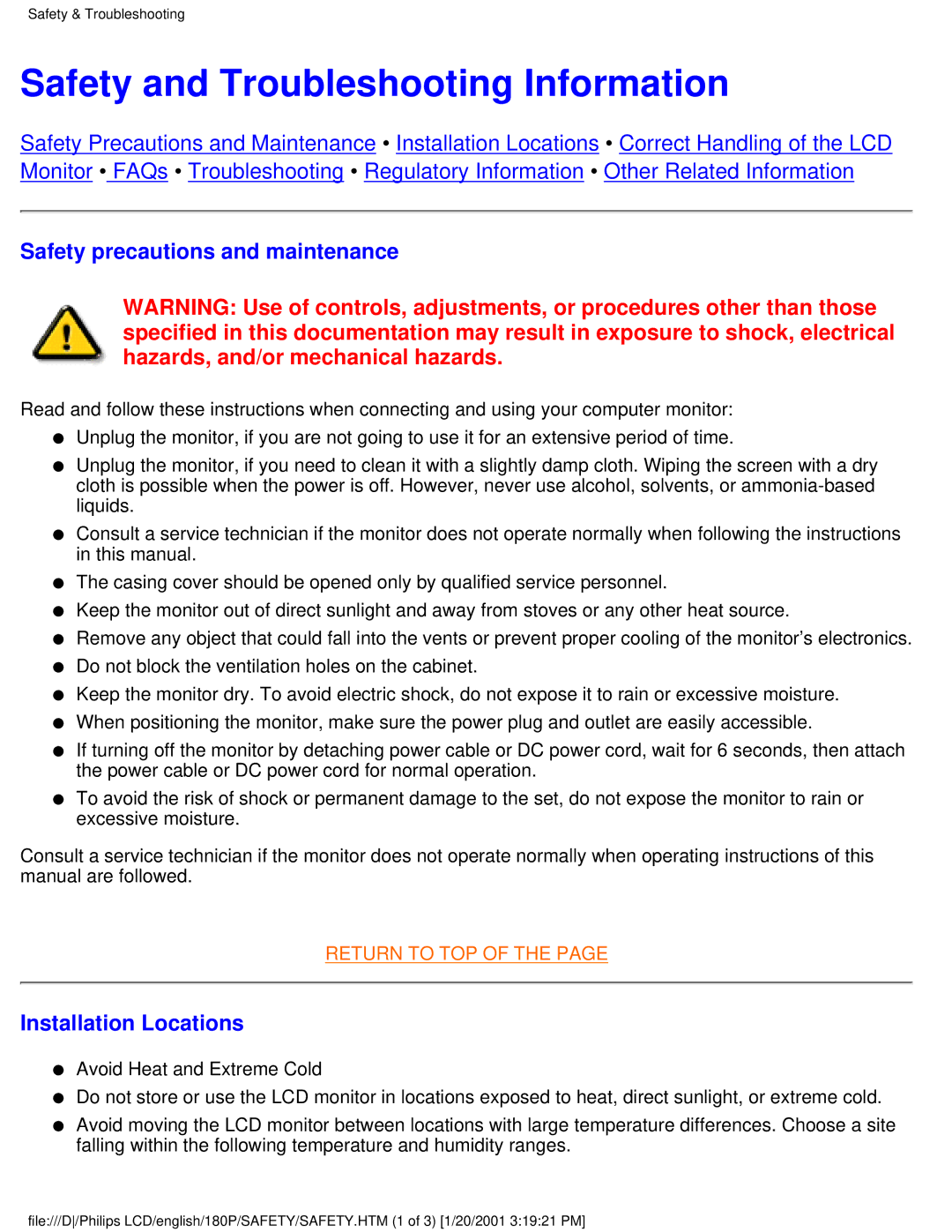 Philips 180P user manual Safety and Troubleshooting Information, Safety precautions and maintenance, Installation Locations 