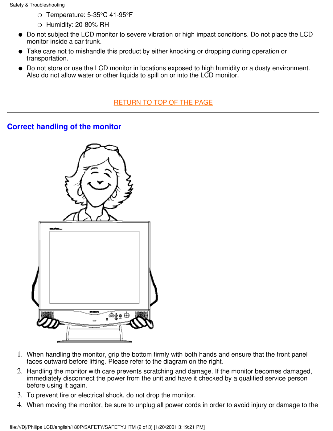 Philips 180P user manual Correct handling of the monitor 