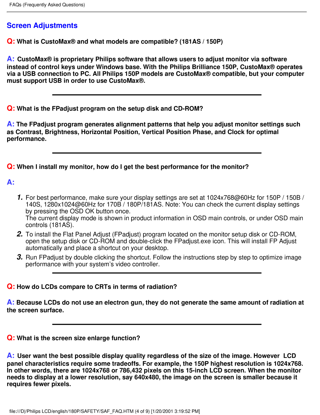 Philips 180P user manual Screen Adjustments 