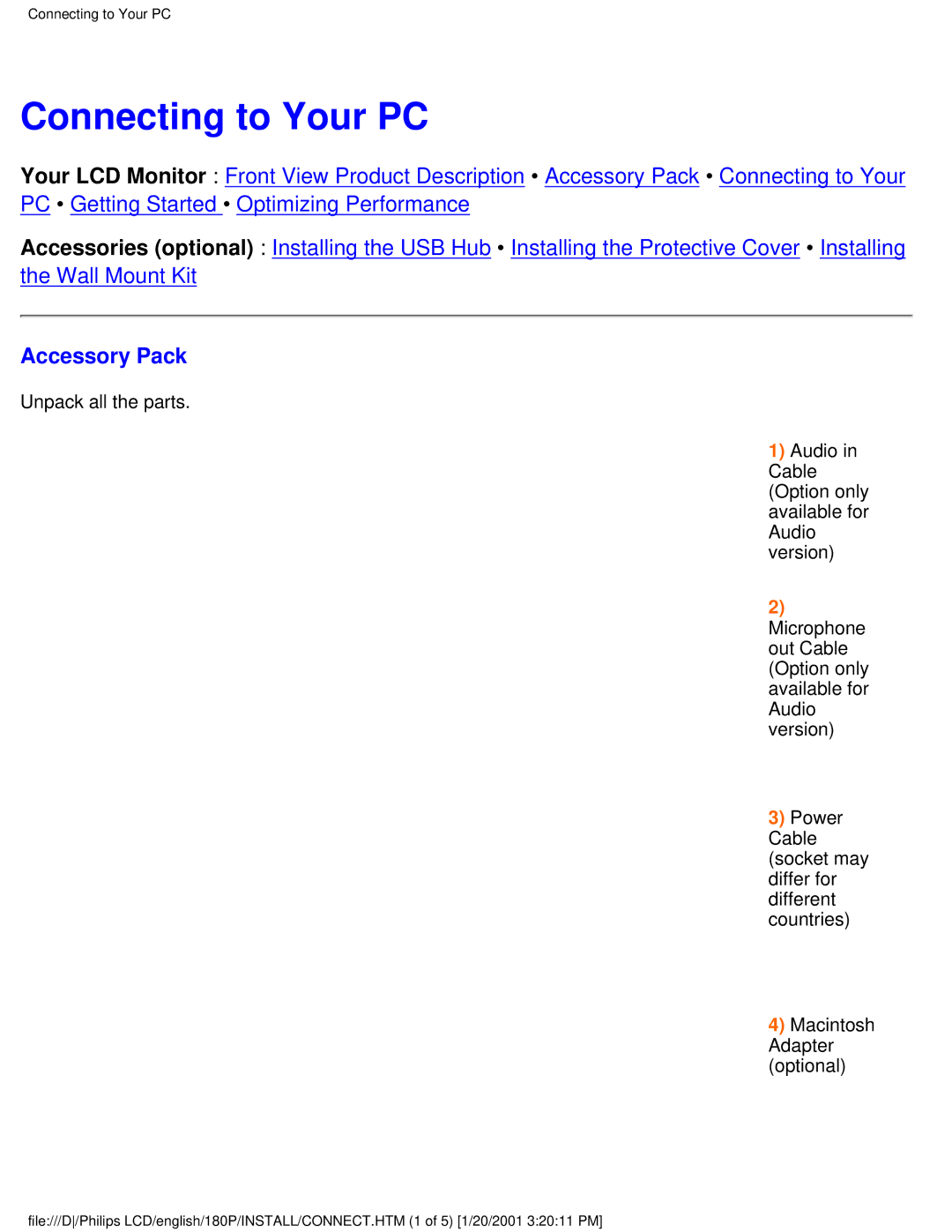 Philips 180P user manual Connecting to Your PC, Accessory Pack 