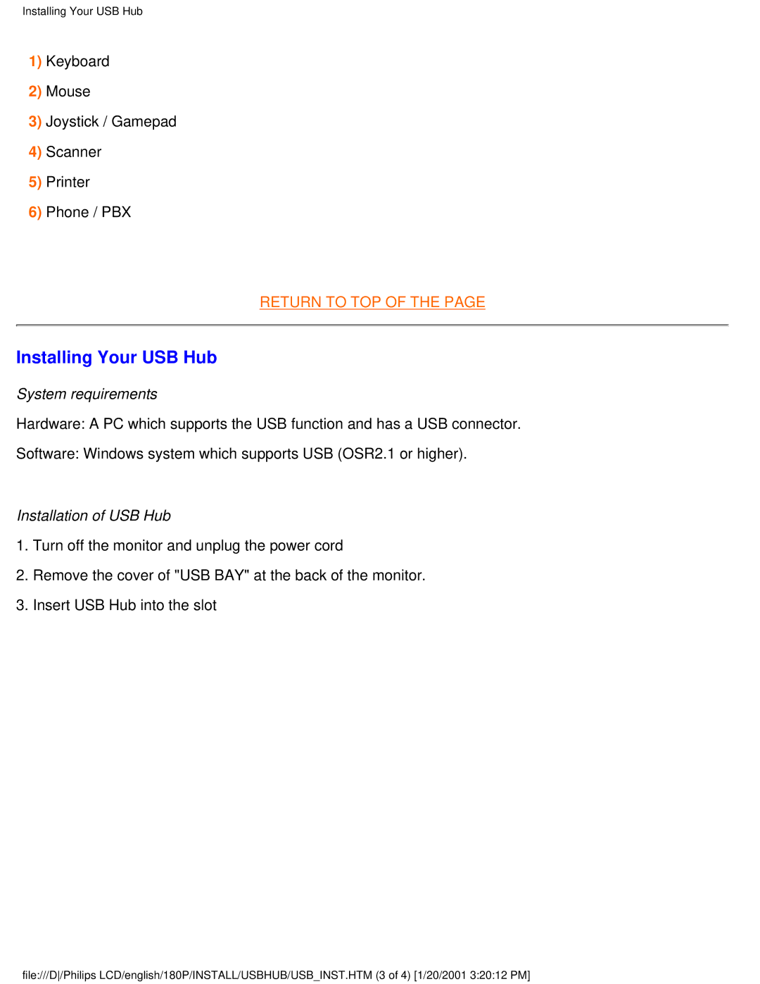 Philips 180P user manual Installing Your USB Hub, Installation of USB Hub 