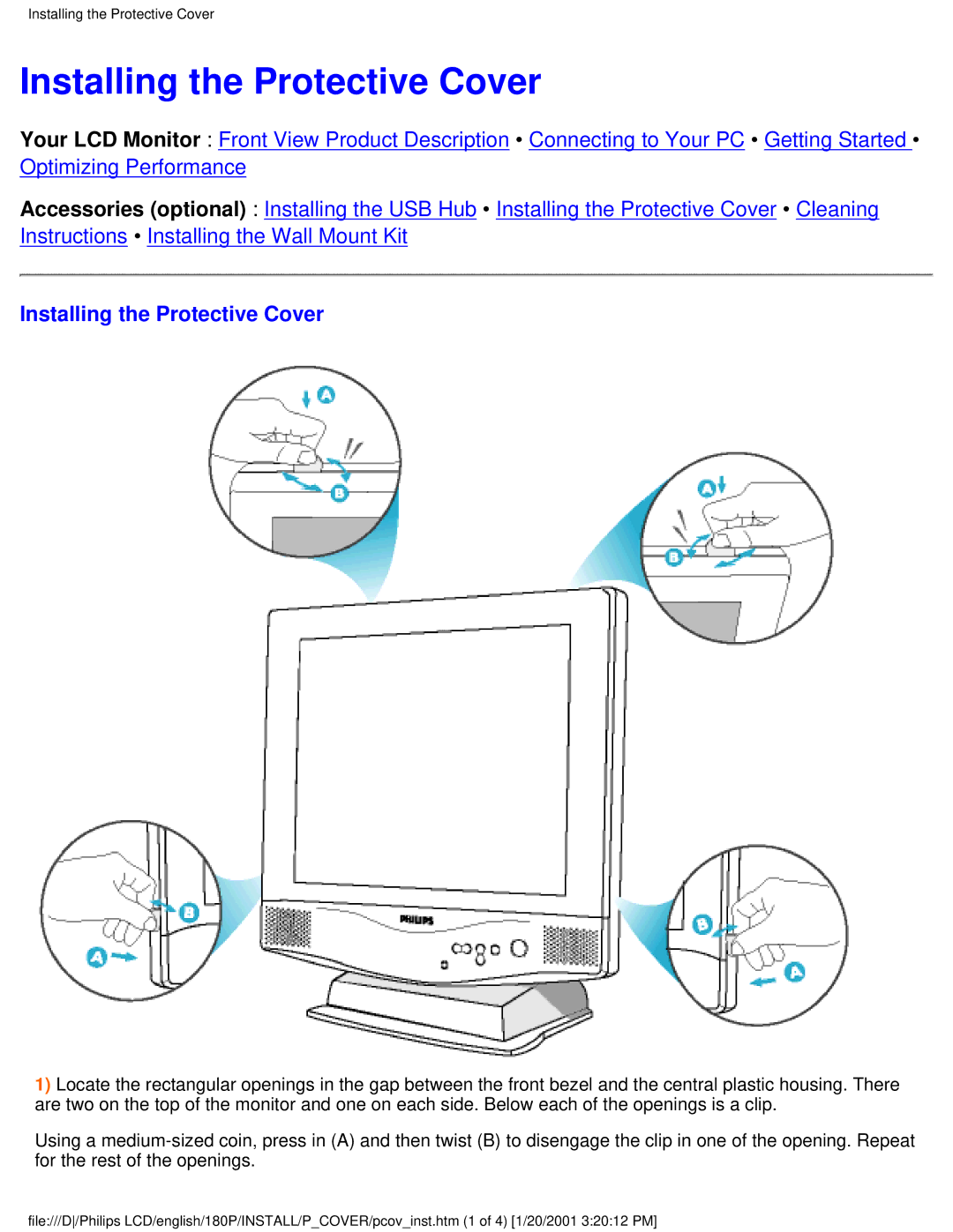 Philips 180P user manual Installing the Protective Cover 