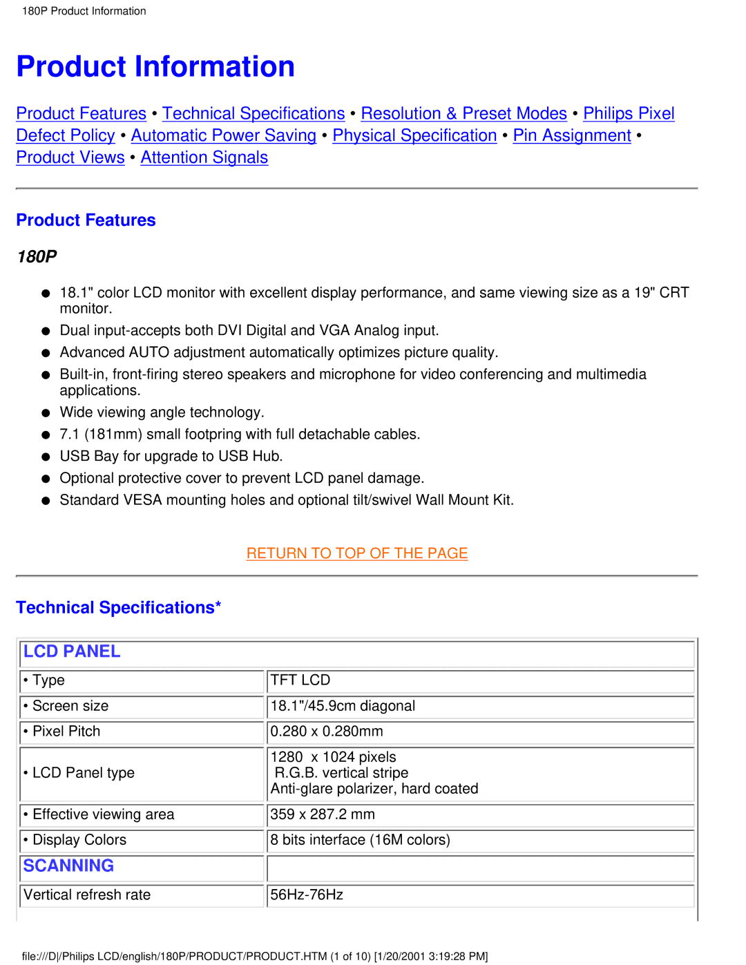 Philips 180P user manual Product Information, Product Features, Technical Specifications 