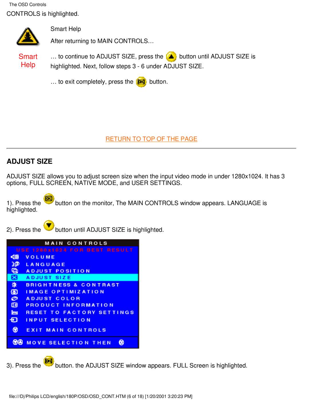 Philips 180P user manual Adjust Size 