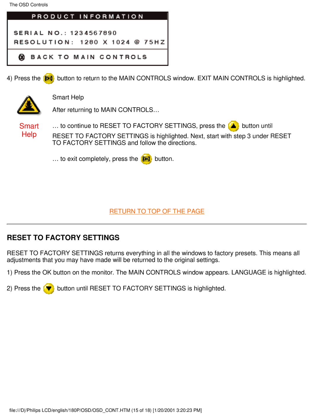 Philips 180P user manual Reset to Factory Settings 