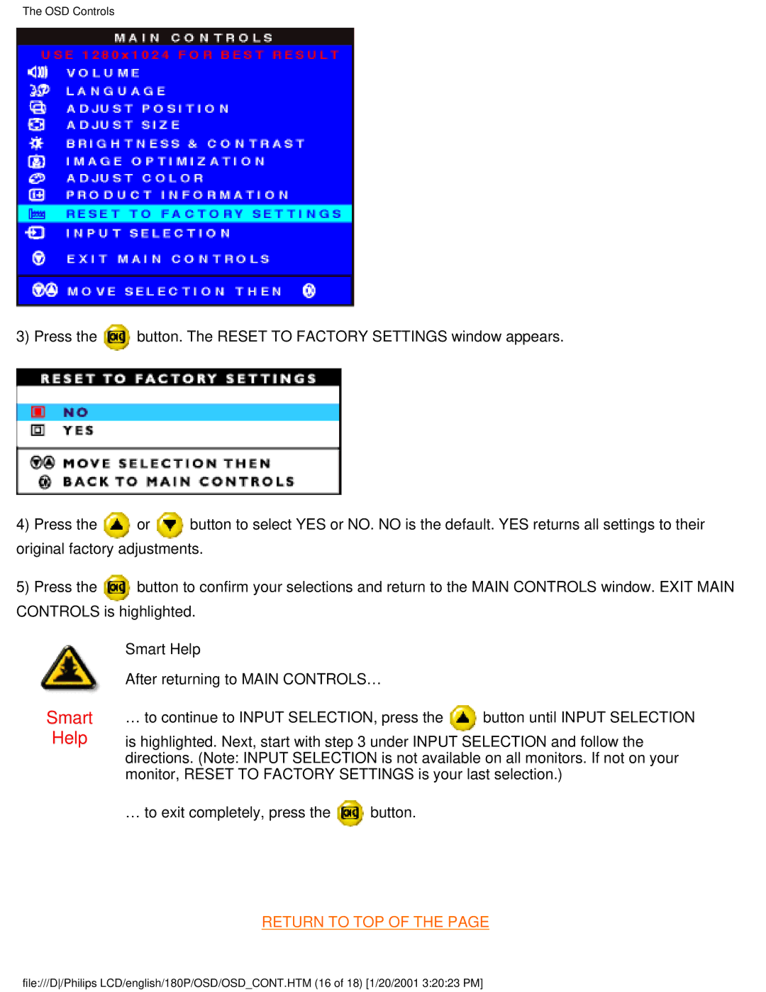 Philips 180P user manual Monitor, Reset to Factory Settings is your last selection 