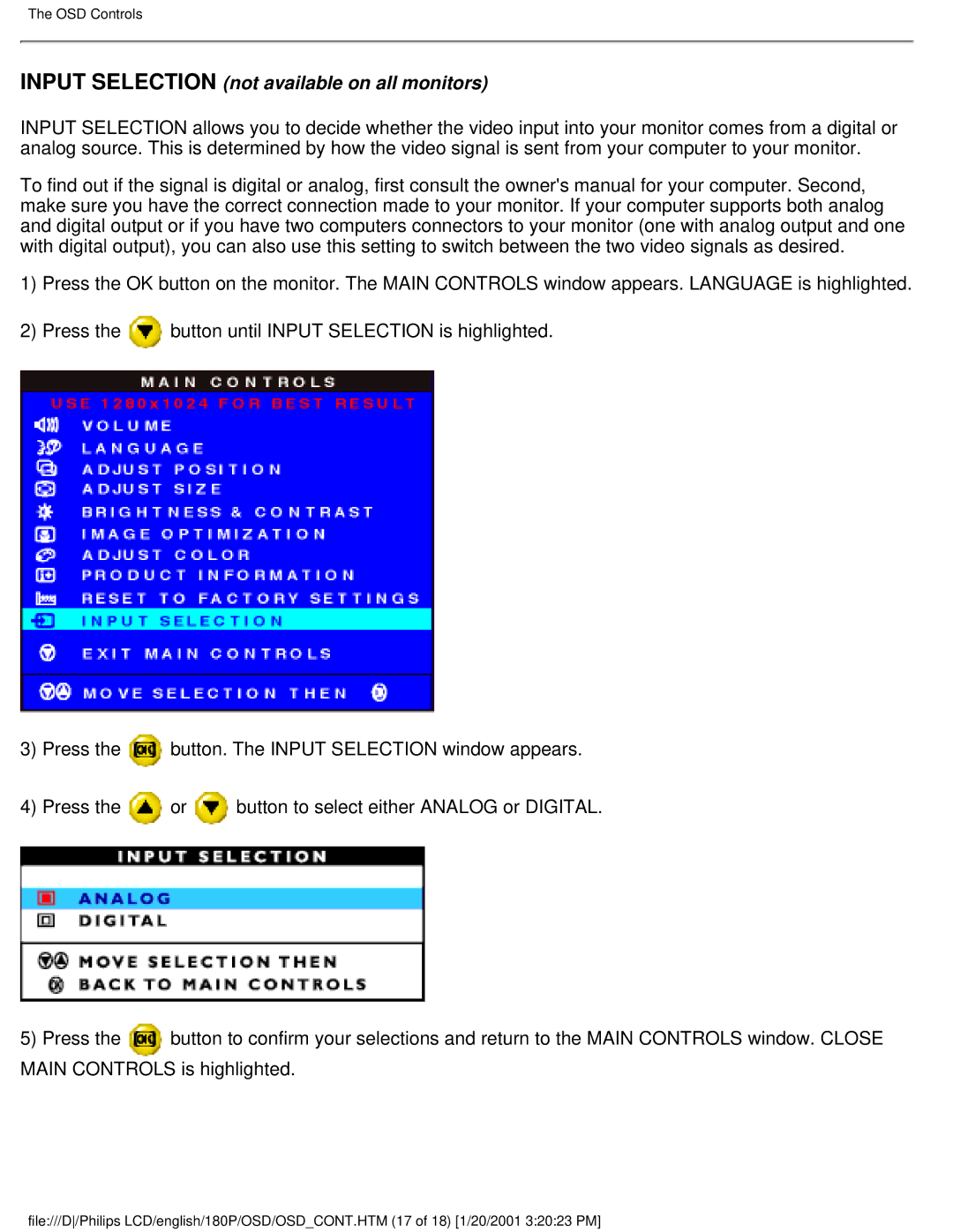 Philips 180P user manual Input Selection not available on all monitors 