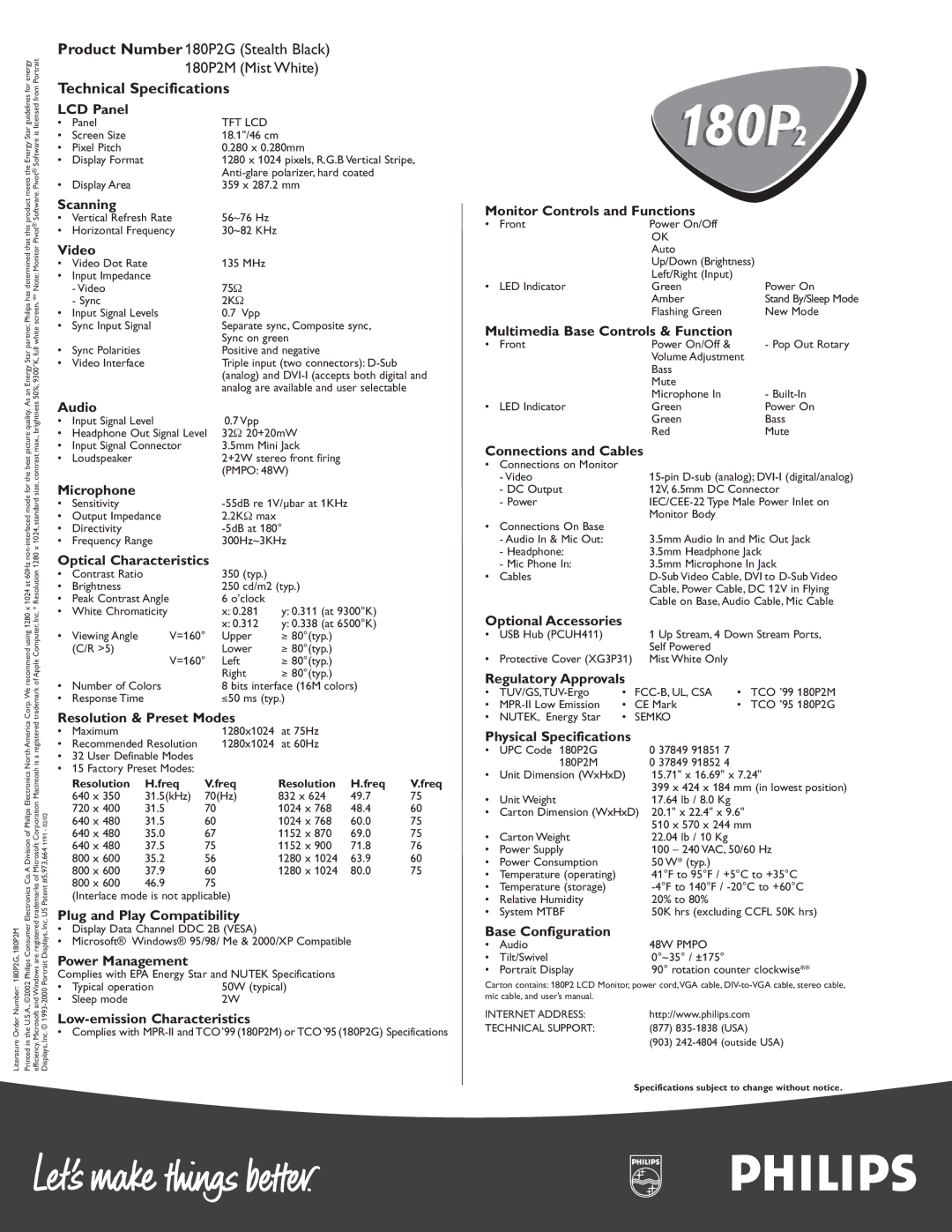Philips 180P2 warranty LCD Panel, Scanning, Video, Audio, Microphone, Optical Characteristics, Resolution & Preset Modes 