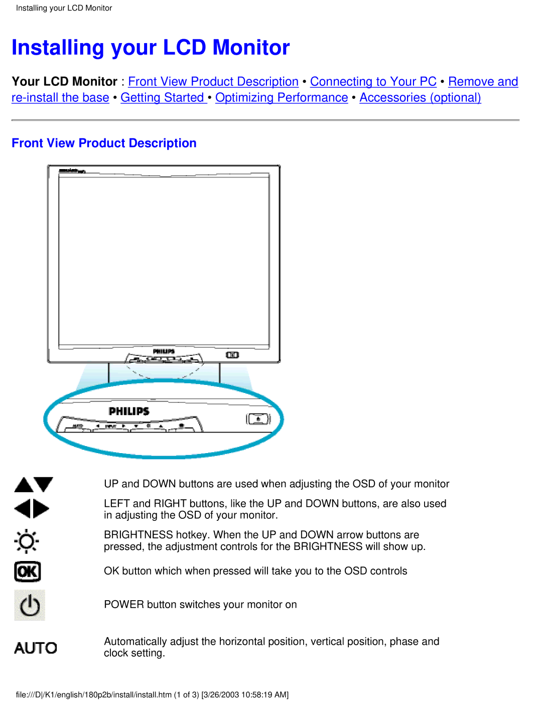 Philips 180P2B user manual Installing your LCD Monitor, Front View Product Description 