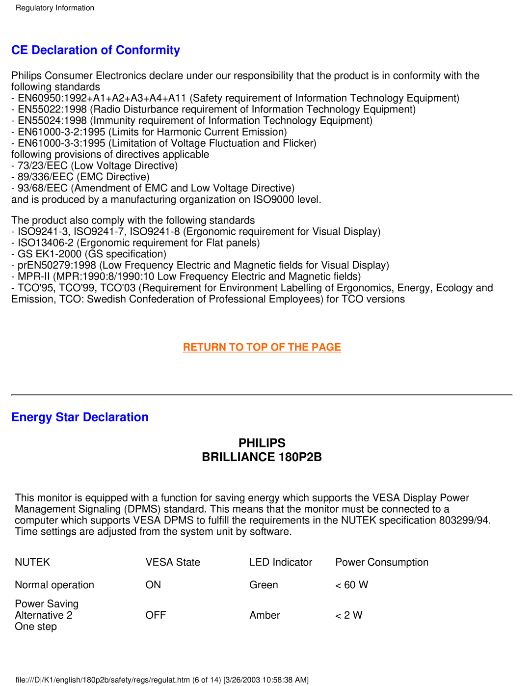 Philips 180P2B user manual CE Declaration of Conformity, Energy Star Declaration 