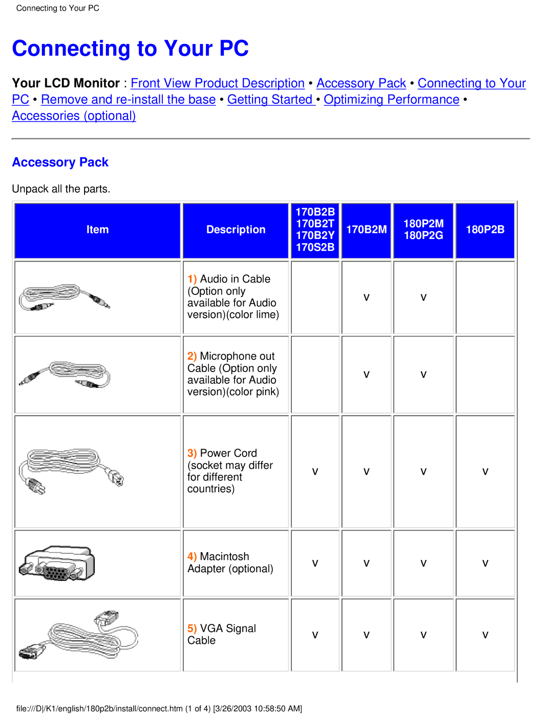 Philips 180P2B user manual Connecting to Your PC, Accessory Pack 