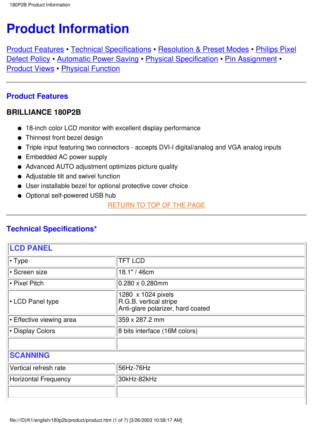 Philips 180P2B user manual Product Information, Product Features, Technical Specifications 