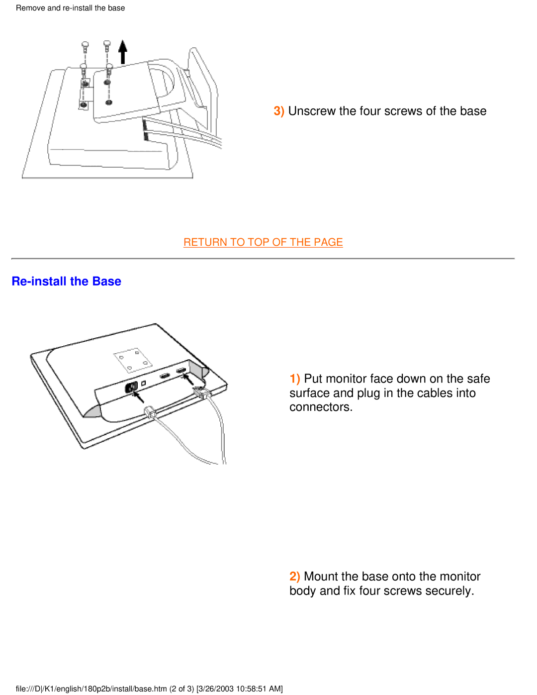 Philips 180P2B user manual Unscrew the four screws of the base, Re-install the Base 