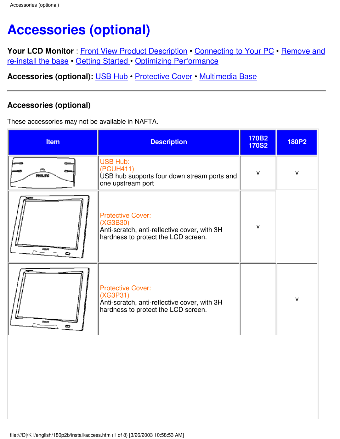 Philips 180P2B user manual Accessories optional 