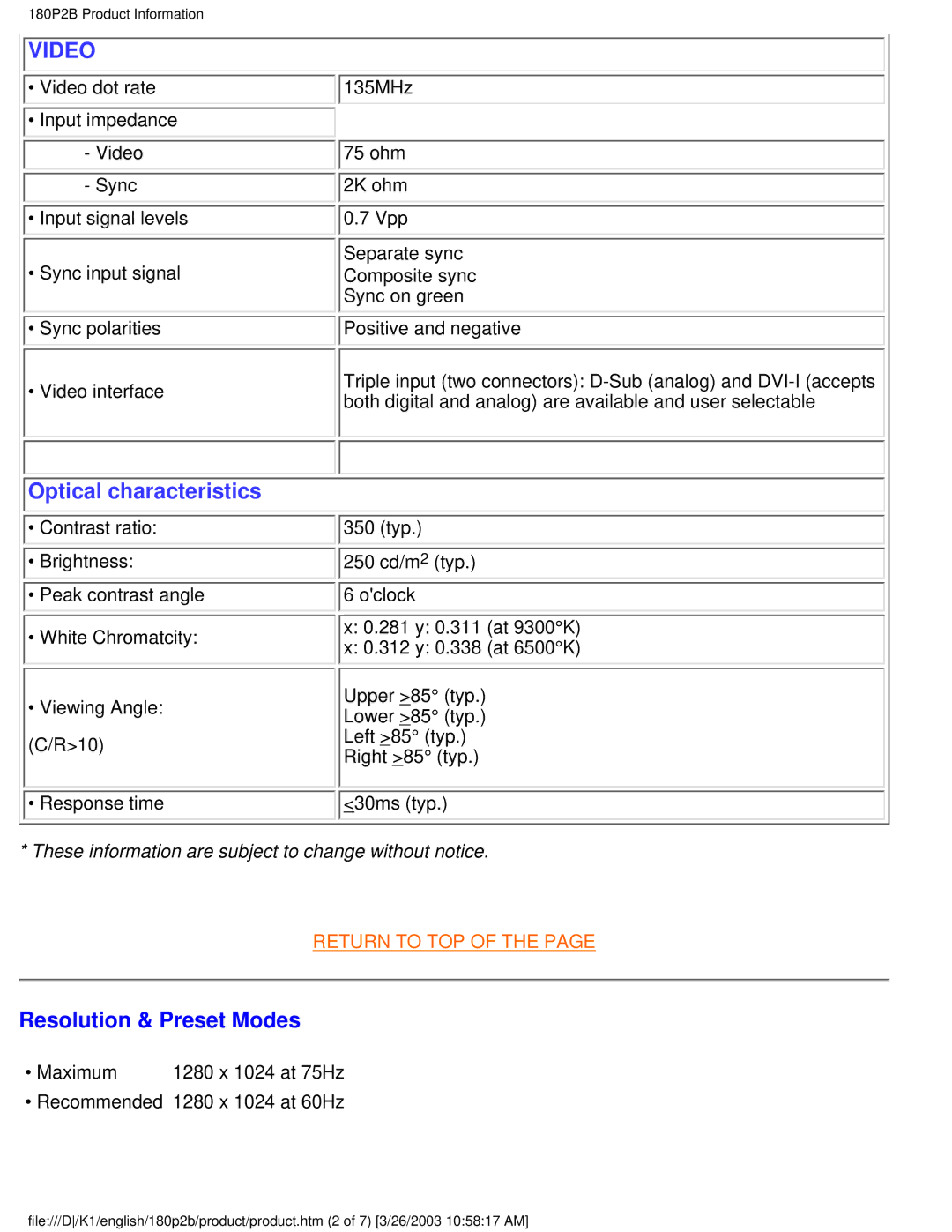 Philips 180P2B user manual Video, Resolution & Preset Modes 