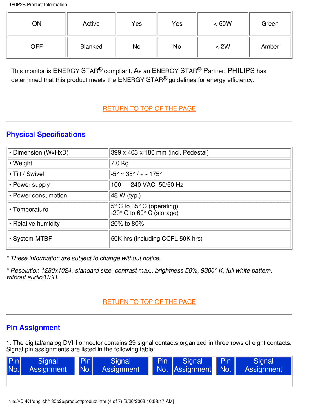 Philips 180P2B user manual Physical Specifications, Pin Assignment 