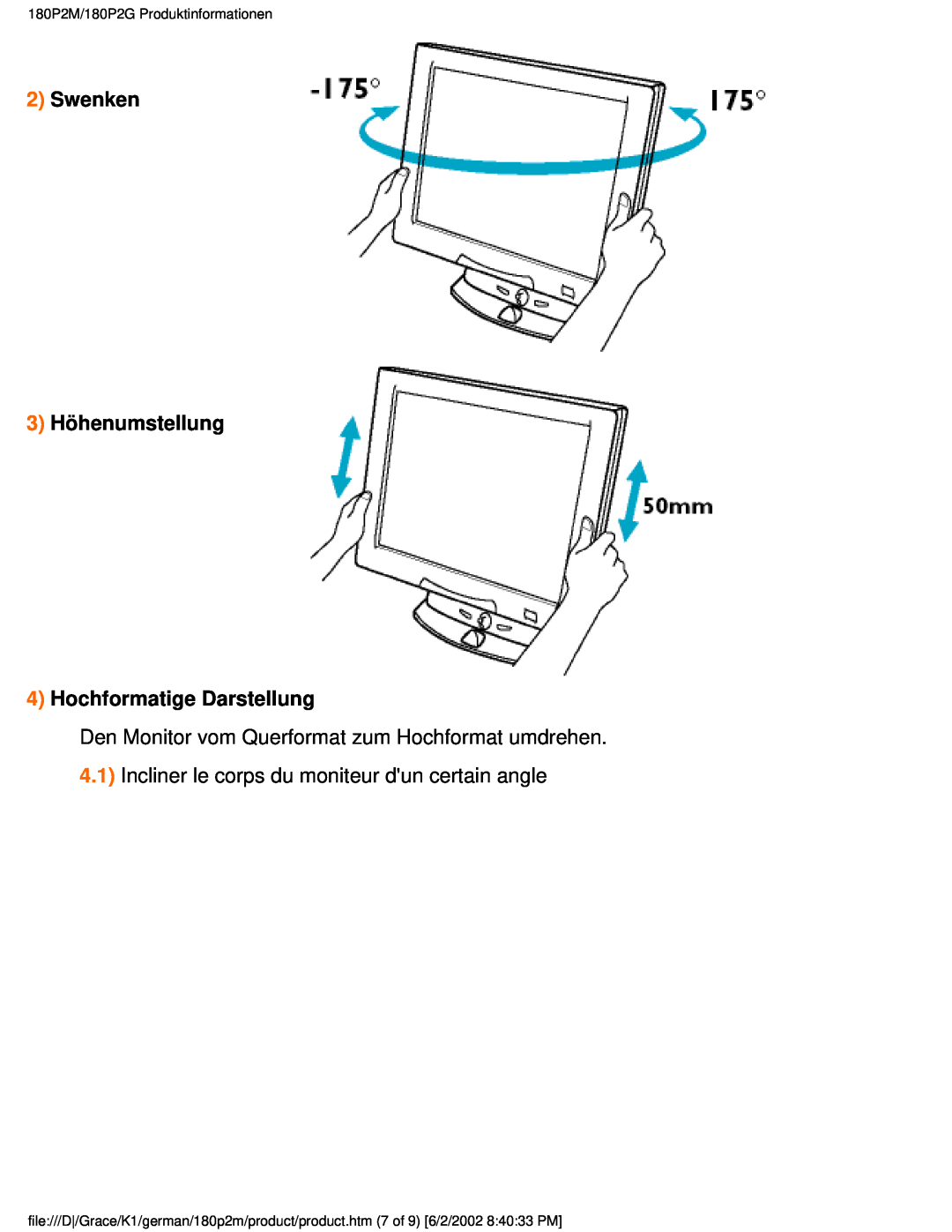 Philips user manual Swenken 3 Höhenumstellung 4 Hochformatige Darstellung, 180P2M/180P2G Produktinformationen 
