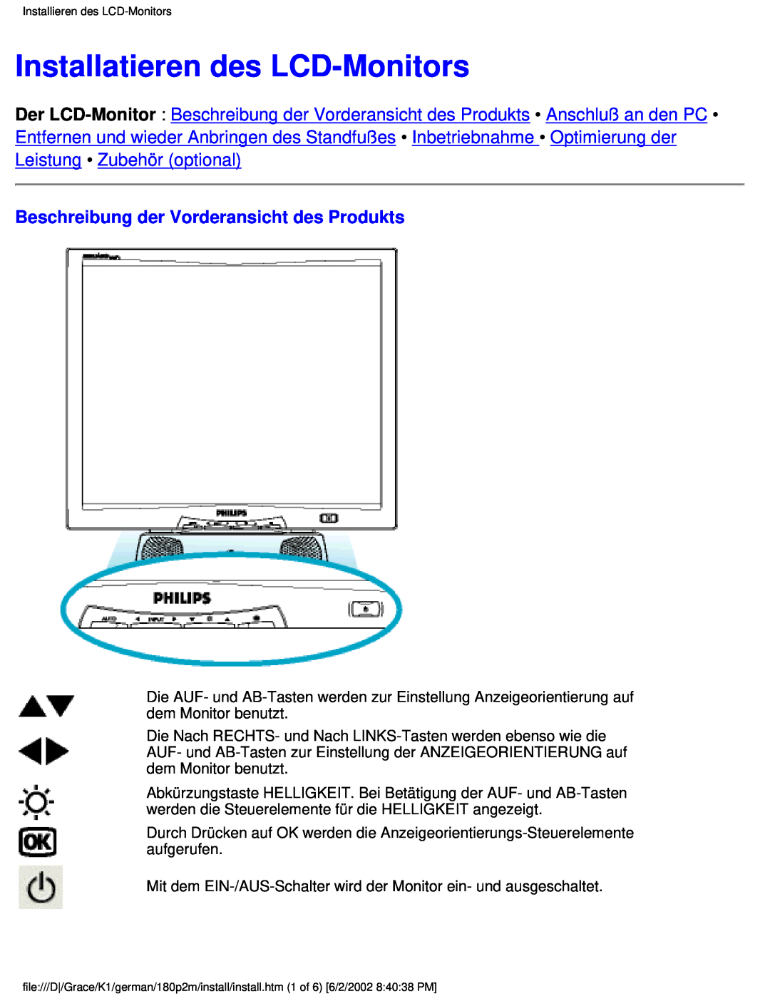 Philips 180P2G user manual Installatieren des LCD-Monitors, Beschreibung der Vorderansicht des Produkts 