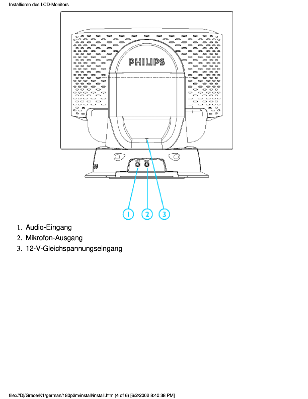 Philips 180P2G user manual Audio-Eingang 2. Mikrofon-Ausgang 3. 12-V-Gleichspannungseingang, Installieren des LCD-Monitors 