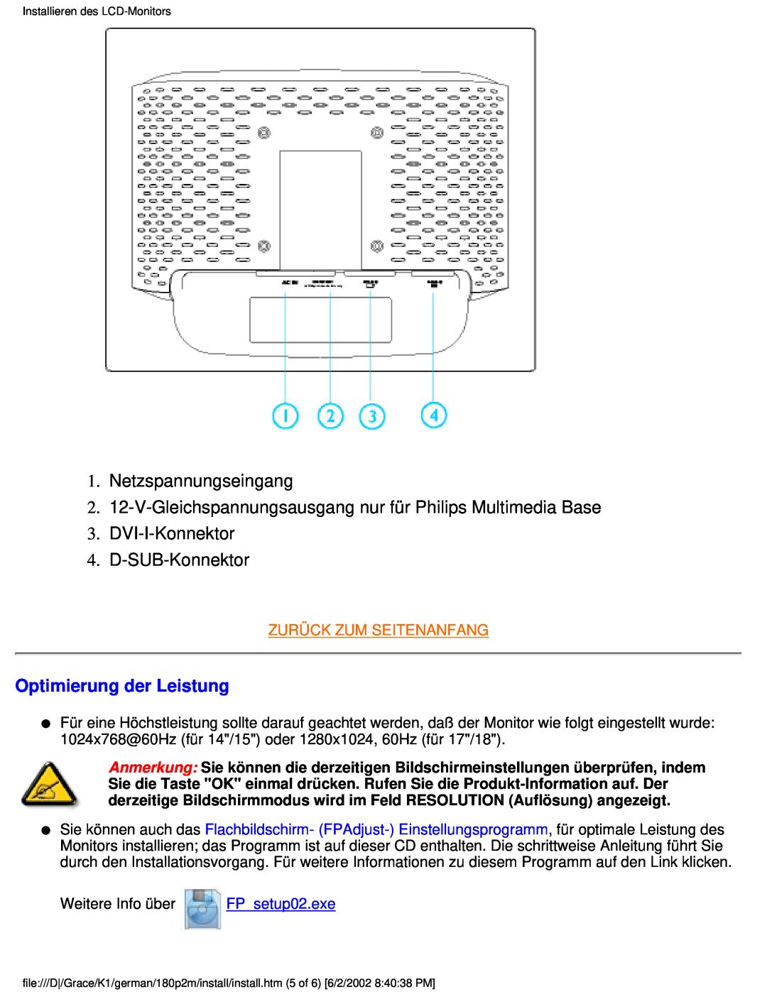 Philips 180P2G user manual Netzspannungseingang, 2. 12-V-Gleichspannungsausgang nur für Philips Multimedia Base 