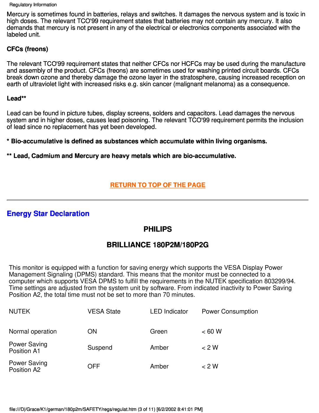 Philips user manual Energy Star Declaration, PHILIPS BRILLIANCE 180P2M/180P2G, Return To Top Of The Page 