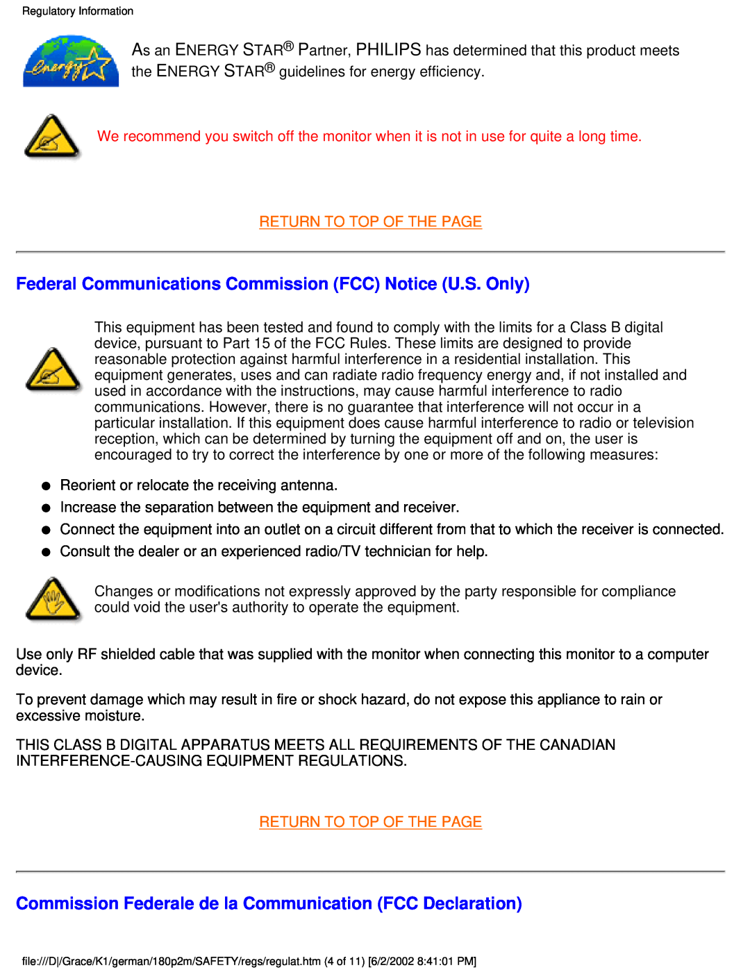 Philips 180P2G user manual Federal Communications Commission FCC Notice U.S. Only, Return To Top Of The Page 