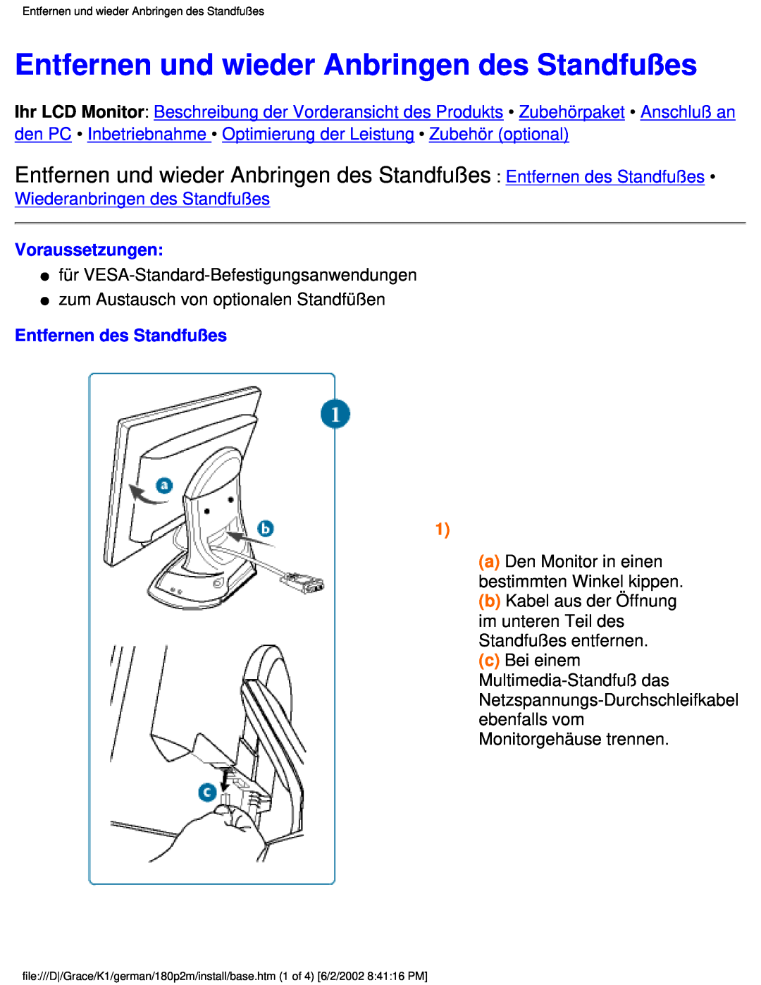 Philips 180P2G user manual Entfernen und wieder Anbringen des Standfußes, Wiederanbringen des Standfußes, Voraussetzungen 
