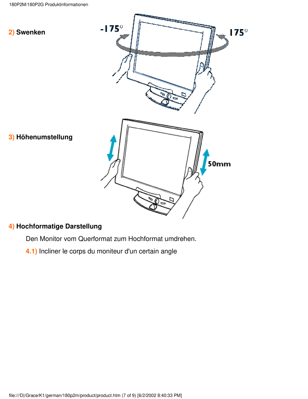 Philips 180P2G user manual Swenken Höhenumstellung Hochformatige Darstellung 