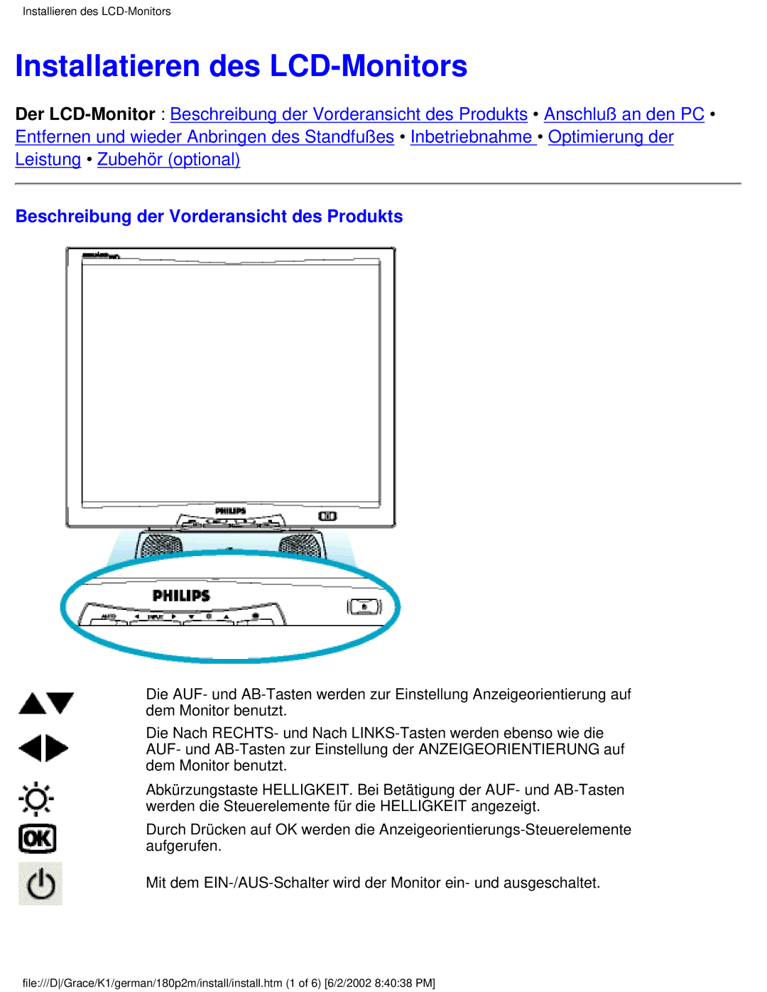 Philips 180P2G user manual Installatieren des LCD-Monitors, Beschreibung der Vorderansicht des Produkts 