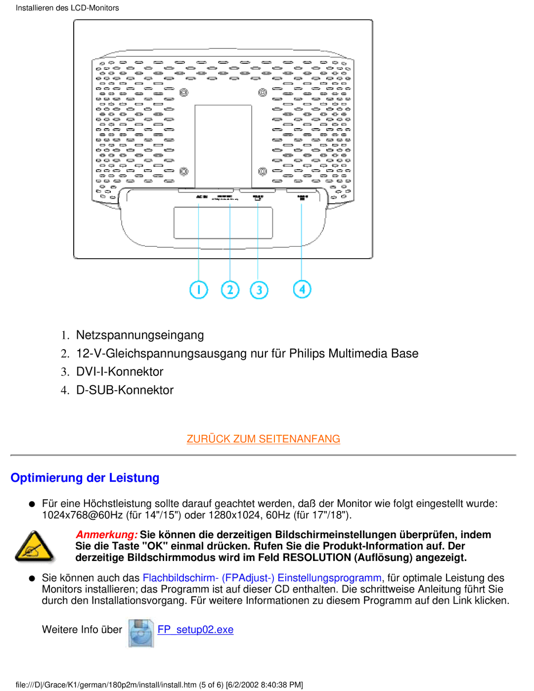 Philips 180P2G user manual Optimierung der Leistung, Weitere Info über FPsetup02.exe 