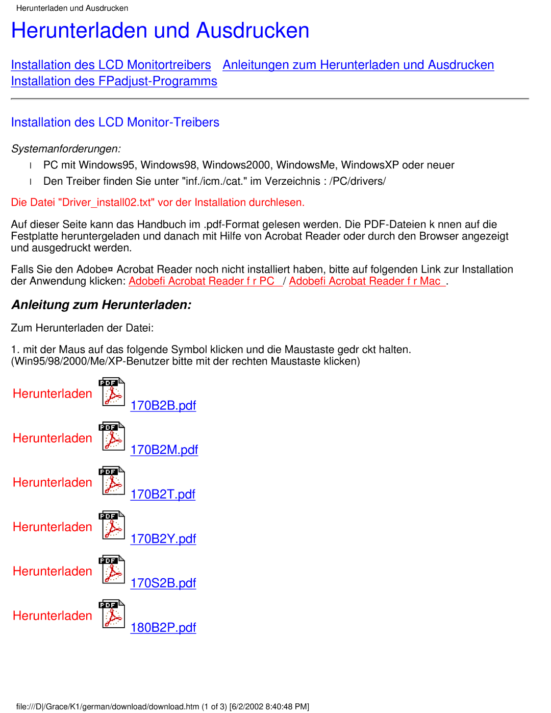 Philips 180P2G user manual Herunterladen und Ausdrucken, Installation des LCD Monitor-Treibers 