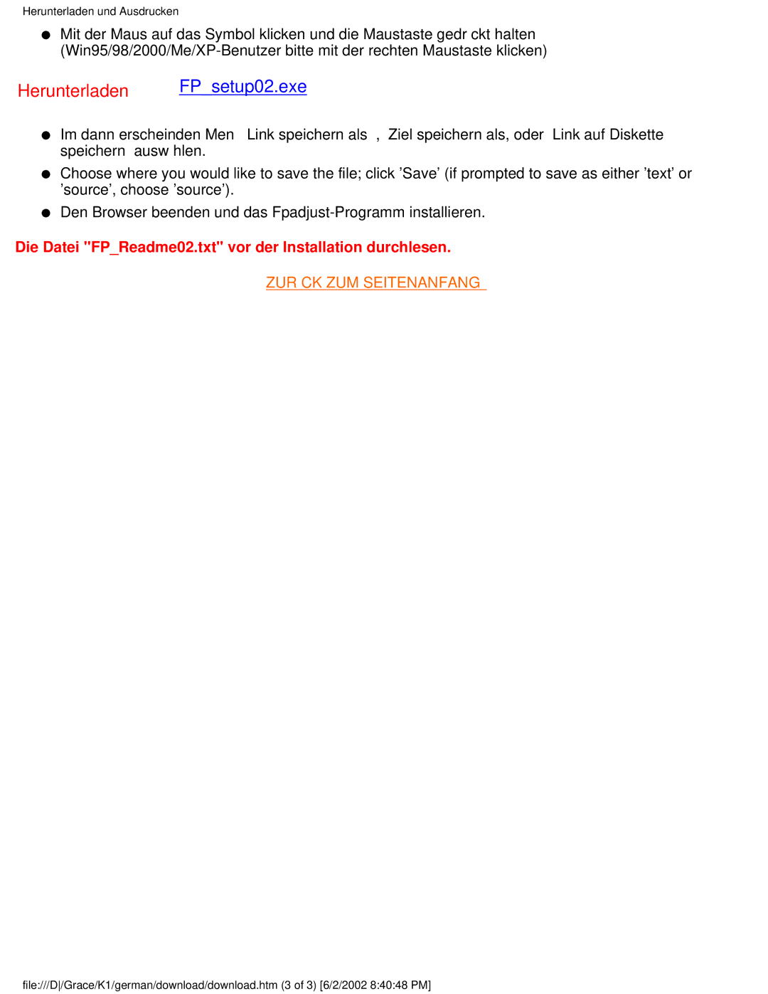 Philips 180P2G user manual Herunterladen FPsetup02.exe 